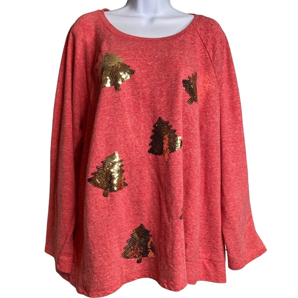 HOLIDAY TIME Womens Red Sequin Christmas Tree Sweatshirt 2X Ugly Xmas Sweater
